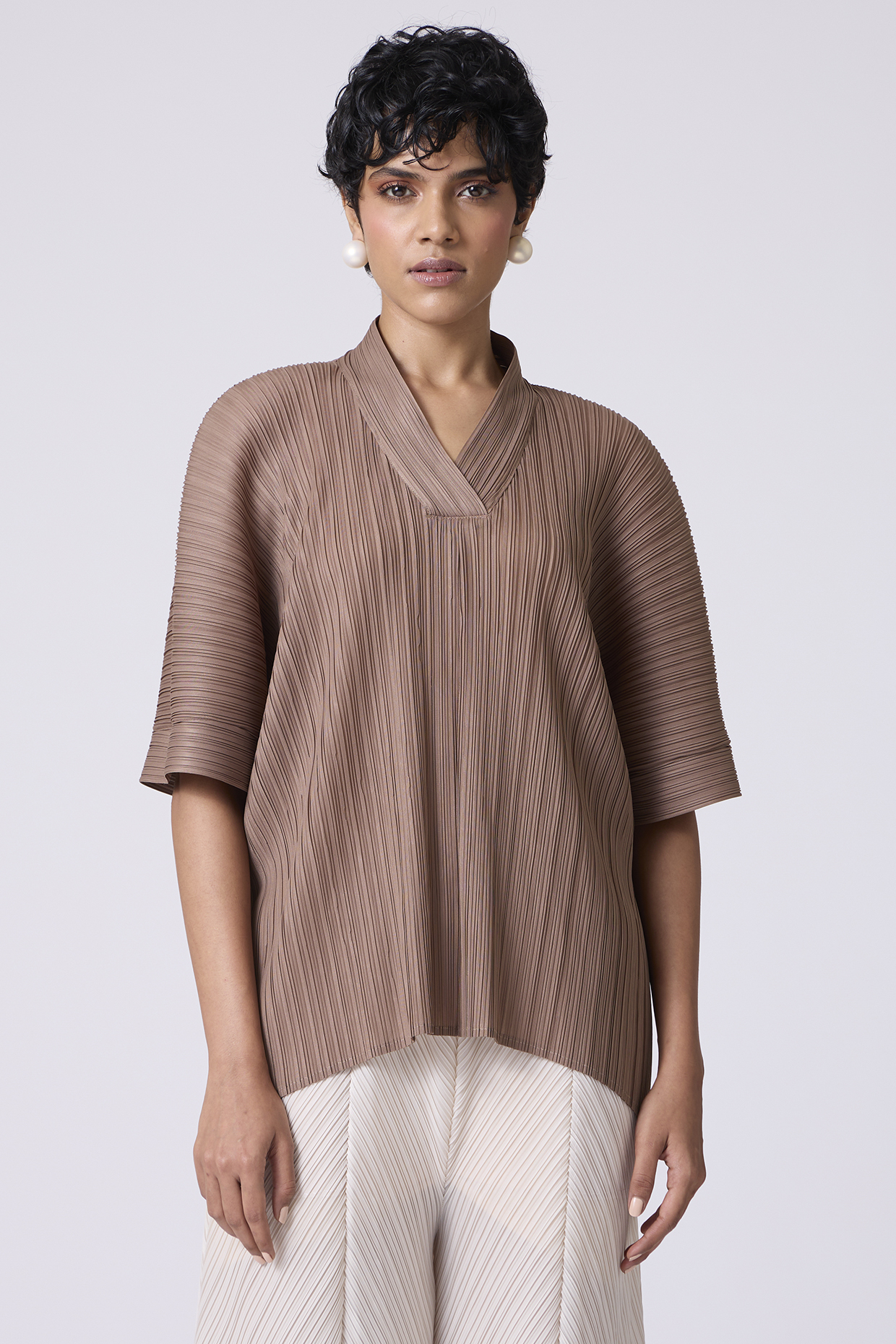 Taupe Polyester Pleated Top by Scarlet Sage at Pernia's Pop Up Shop