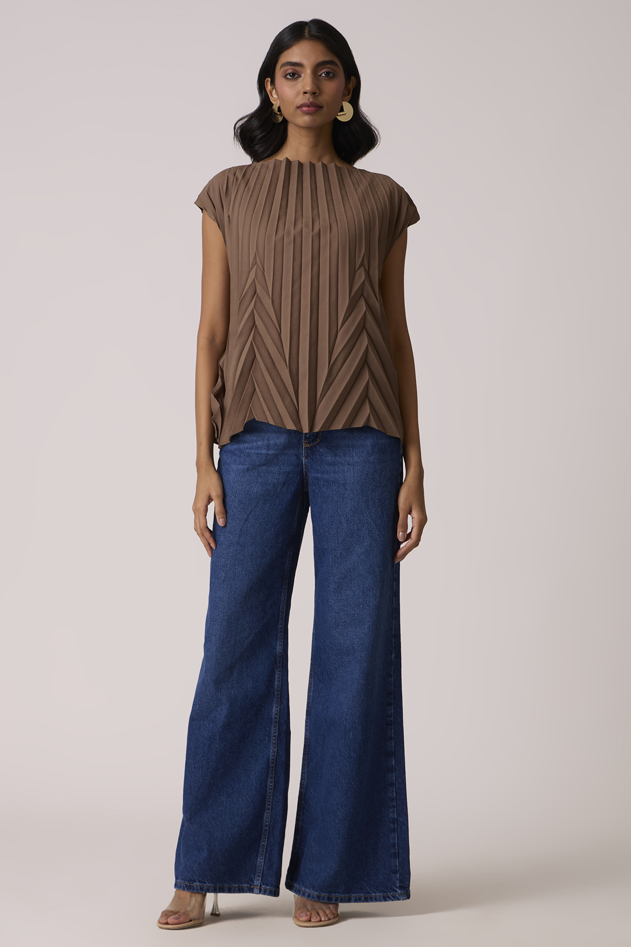Dark Taupe Polyester 3D Chevron Pleated Top by Scarlet Sage at Pernia's Pop Up Shop
