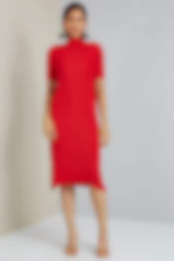 Scarlet Red Polyester Pleated Dress by Scarlet Sage