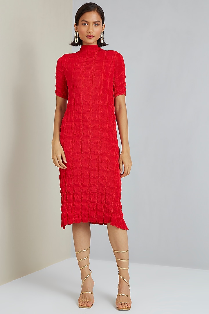 Scarlet Red Polyester Pleated Dress by Scarlet Sage