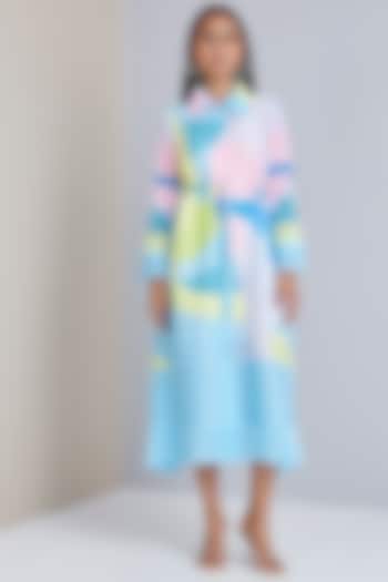 Blue Printed A-line Summer Dress With Belt by Scarlet Sage at Pernia's Pop Up Shop