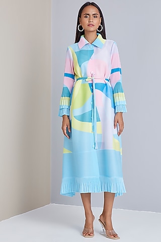 Blue Printed A-line Dress With Belt by Scarlet Sage
