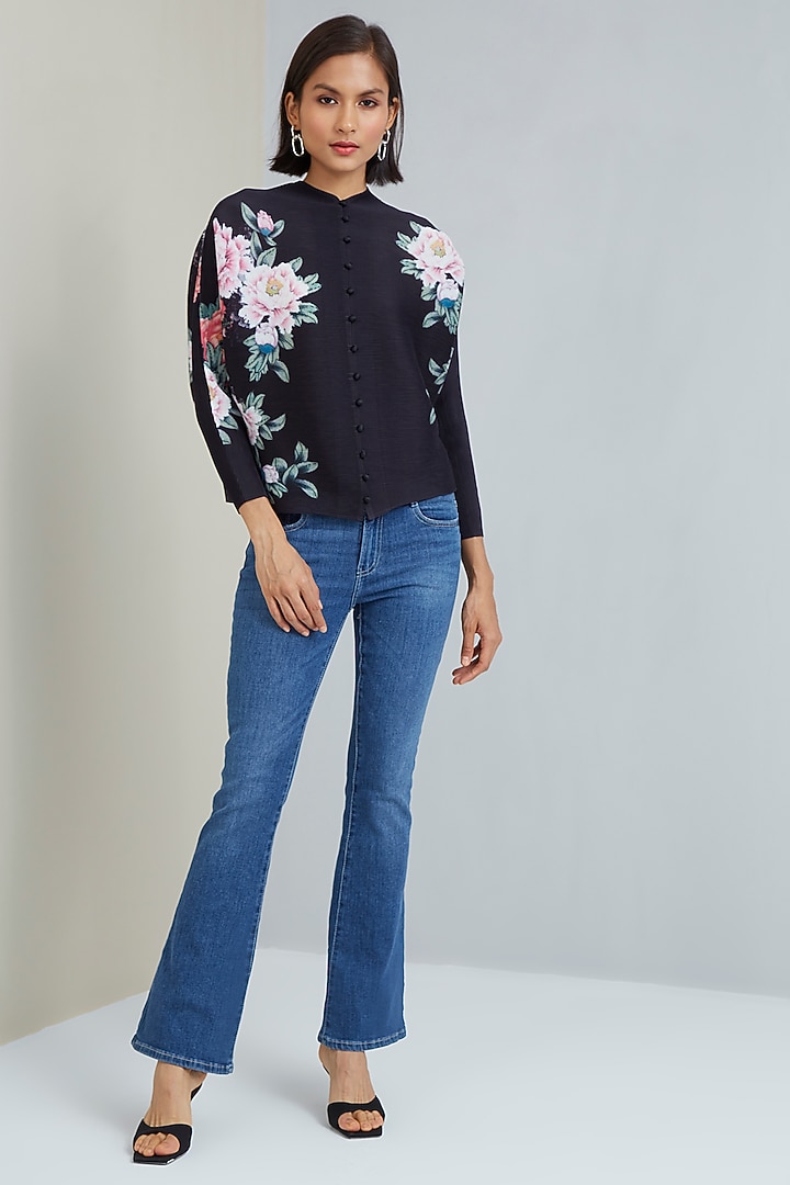 Black Polyester Floral Top by Scarlet Sage at Pernia's Pop Up Shop