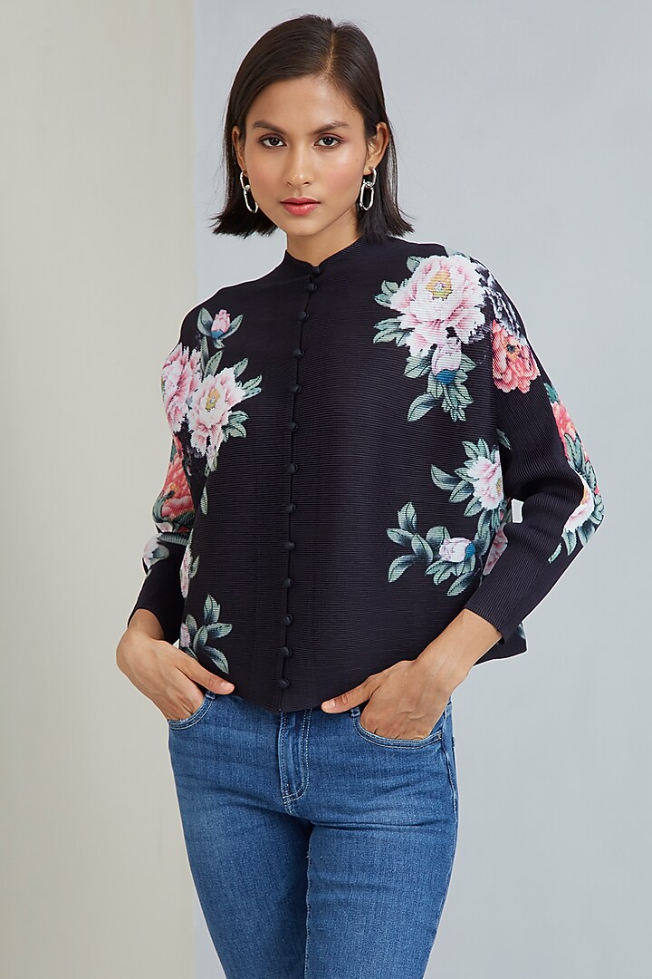 Black Polyester Floral Top by Scarlet Sage at Pernia's Pop Up Shop
