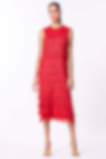 Red Polyester Fringed Layered Dress by Scarlet Sage
