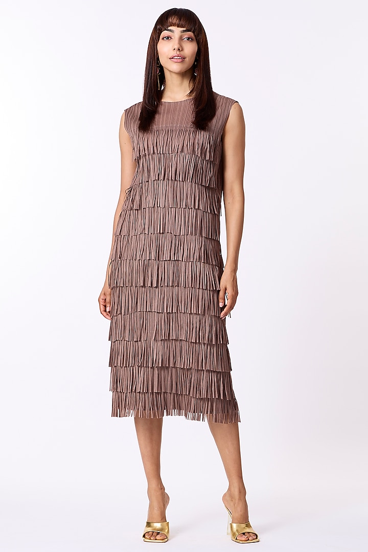 Dark Taupe Polyester Fringed Layered Dress by Scarlet Sage at Pernia's Pop Up Shop