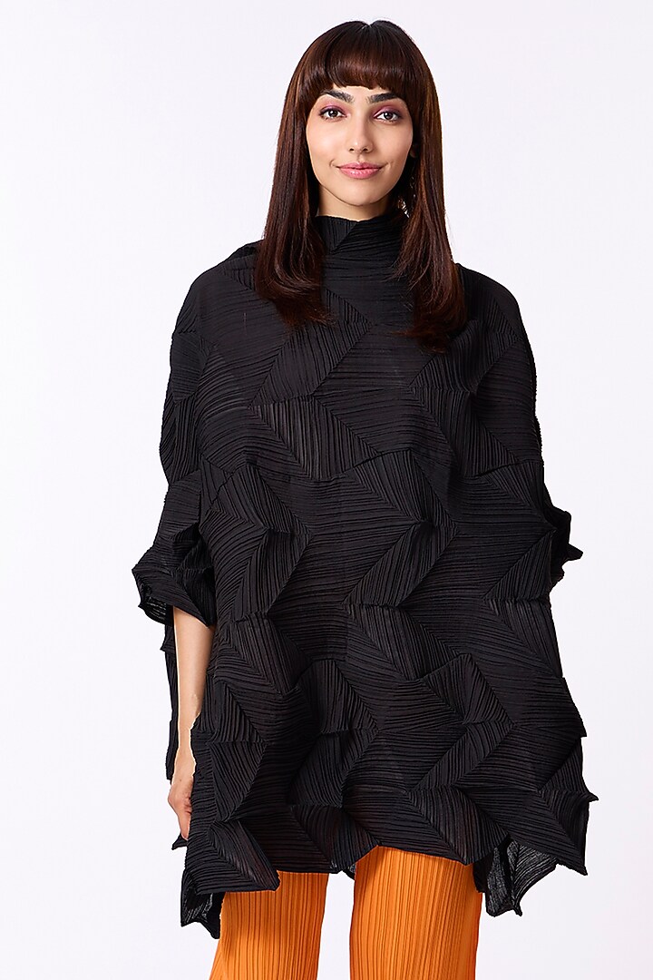 Black 3D Pleated & Polyester Structured Top by Scarlet Sage at Pernia's Pop Up Shop