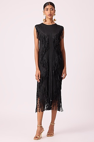 Black Polyester Midi Dress by Scarlet Sage