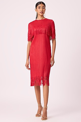 Red Polyester Fringe Sheath Dress by Scarlet Sage