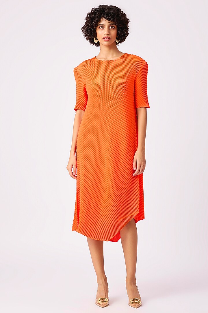 Orange Polyester Pleated Summer Dress by Scarlet Sage at Pernia's Pop Up Shop