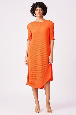 Orange Polyester Pleated Dress by Scarlet Sage