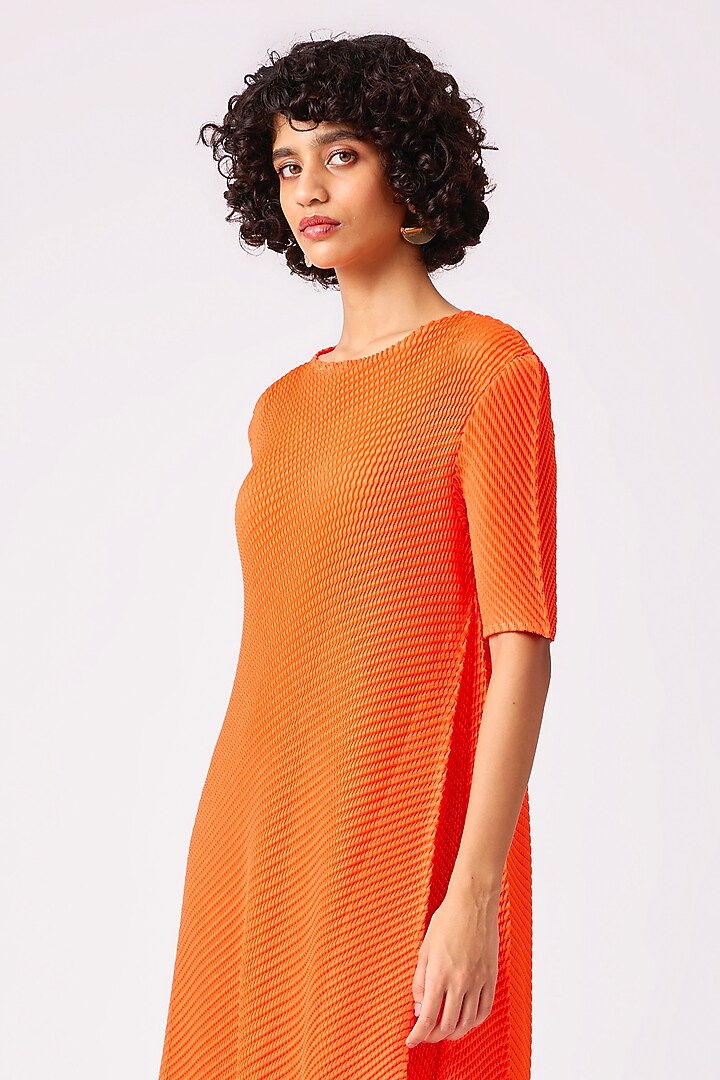 Orange Polyester Pleated Summer Dress by Scarlet Sage at Pernia's Pop Up Shop