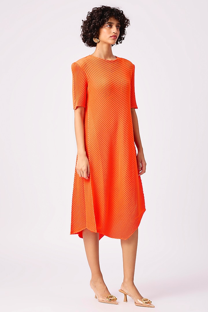 Orange Polyester Pleated Summer Dress by Scarlet Sage at Pernia's Pop Up Shop