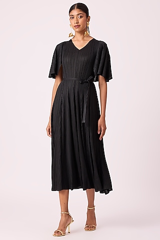 Black Polyester A-line Pleated Dress by Scarlet Sage
