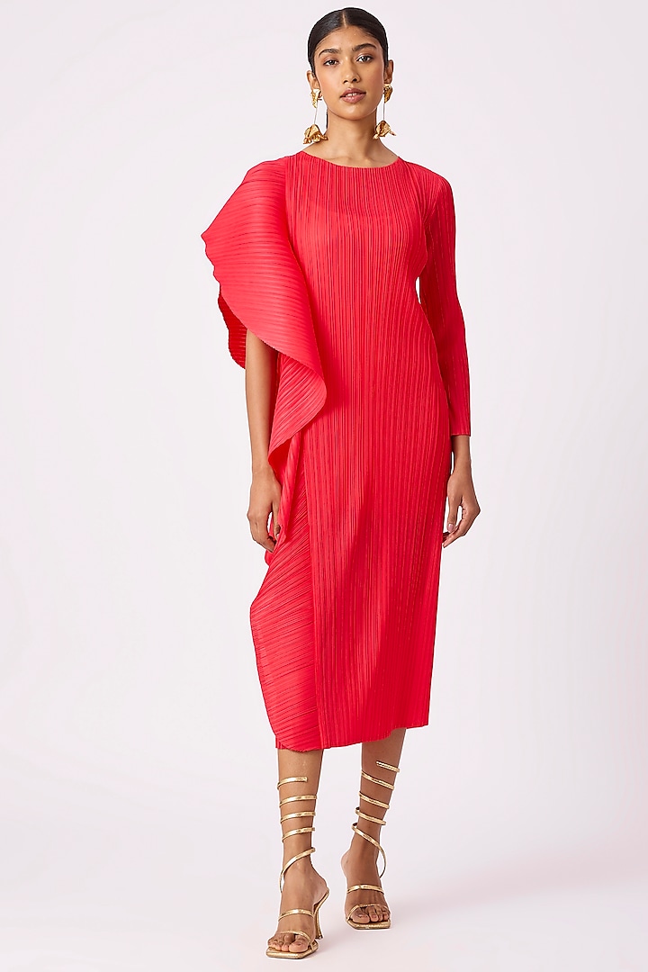 Crimson Red Polyester One-Side Draped Dress by Scarlet Sage at Pernia's Pop Up Shop