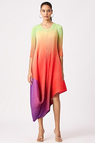 Multi-Colored Polyester Ombre Asymmetric Cowl Dress by Scarlet Sage