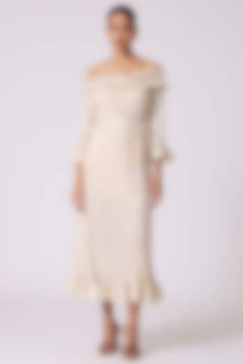 Metallic Ivory Polyester Off-Shoulder Ruffled Midi Summer Dress by Scarlet Sage at Pernia's Pop Up Shop