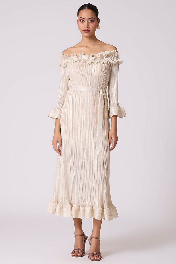 Metallic Ivory Polyester Off-Shoulder Ruffled Midi Summer Dress by Scarlet Sage at Pernia's Pop Up Shop