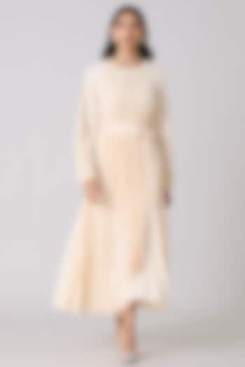 Cream Polyester Pleated A-Line Midi Summer Dress by Scarlet Sage at Pernia's Pop Up Shop