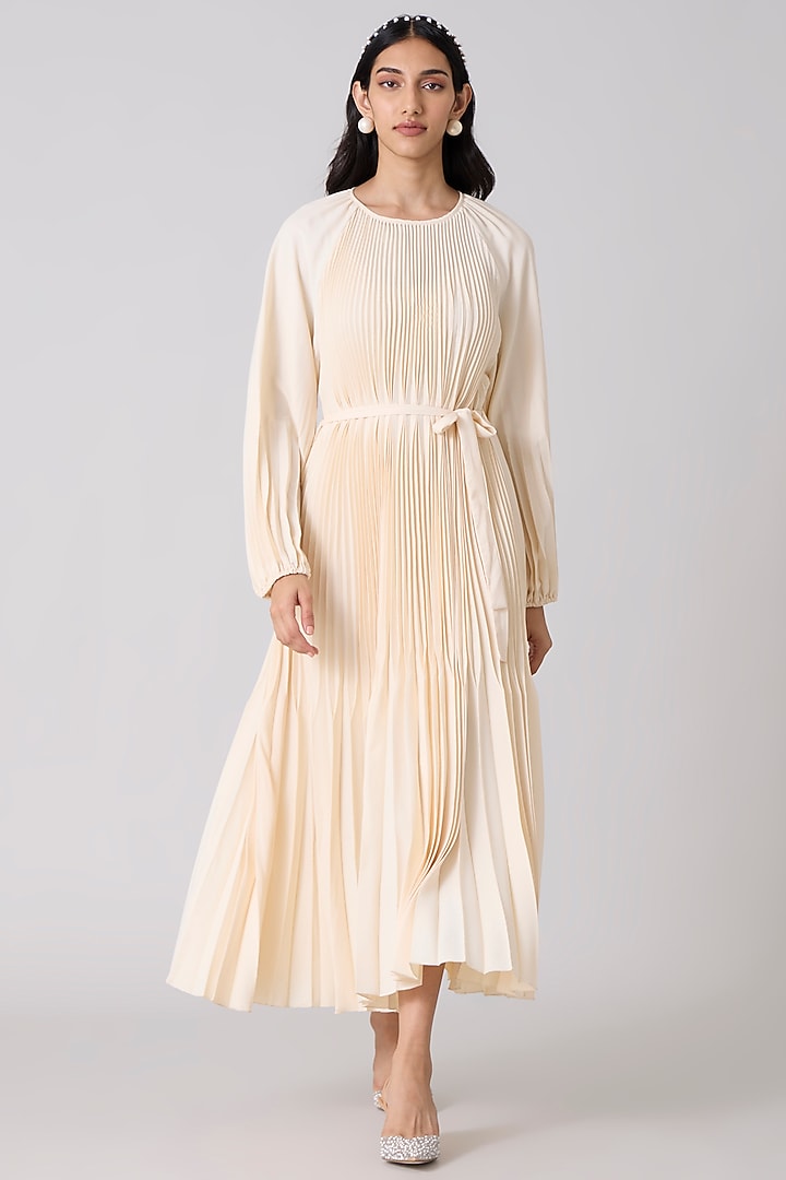 Cream Polyester Pleated A-Line Midi Summer Dress by Scarlet Sage at Pernia's Pop Up Shop