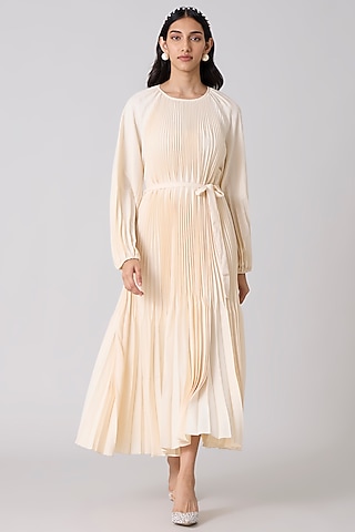 Cream Polyester Pleated A-Line Midi Dress by Scarlet Sage