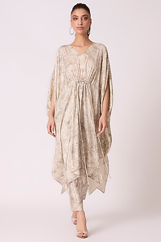 Ivory Polyester Textured Kaftan-Style Tunic Set by Scarlet Sage