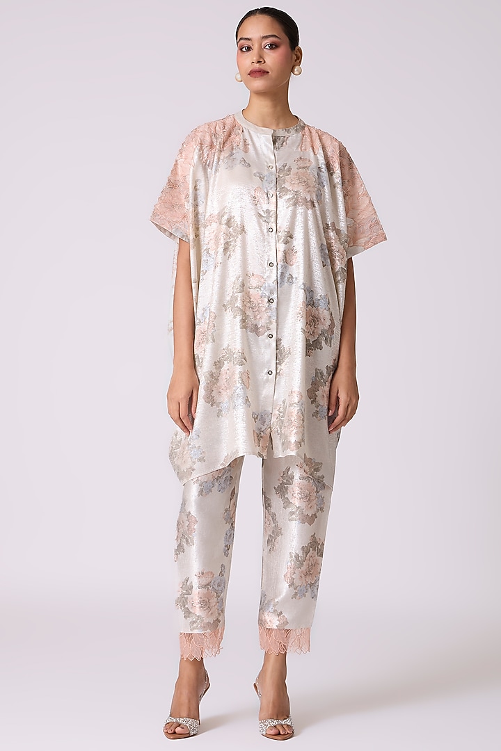 Pearl Ivory Polyester Textured Botanical Printed Tunic Set by Scarlet Sage at Pernia's Pop Up Shop