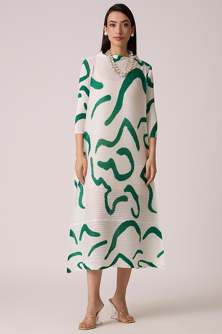 White Polyester Pleated A-Line Midi Summer Dress by Scarlet Sage at Pernia's Pop Up Shop