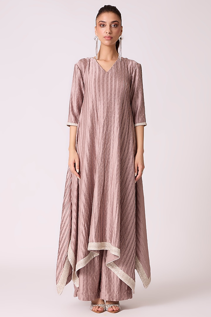 Rose Pink Satin Polyester Asymmetrical Flowy Kurta Set by Scarlet Sage at Pernia's Pop Up Shop