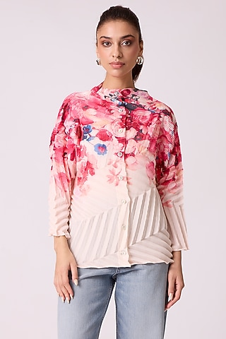 Blush Pink Polyester Floral Printed Pleated Shirt by Scarlet Sage