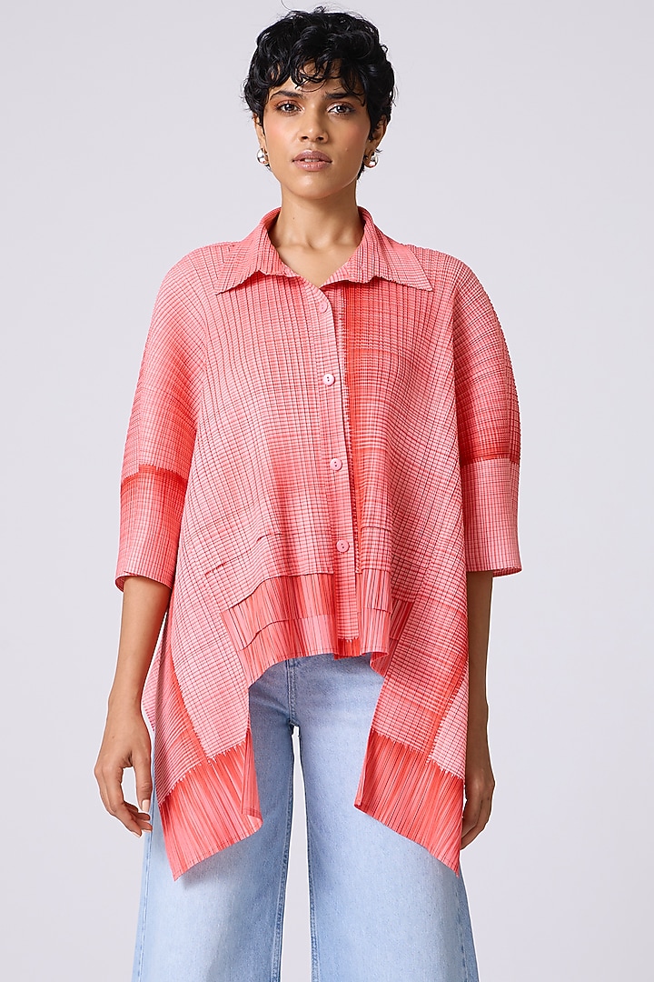 Coral Sorbet Polyester Abstract Printed Asymmetric Shirt by Scarlet Sage at Pernia's Pop Up Shop