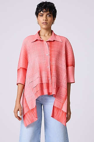 Coral Sorbet Polyester Abstract Printed Asymmetric Shirt by Scarlet Sage