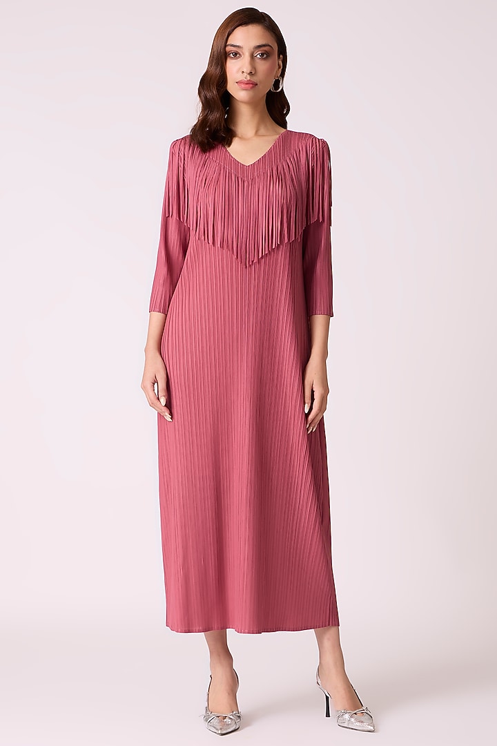 Dull Rose Polyester Fringed Midi Summer Dress by Scarlet Sage at Pernia's Pop Up Shop