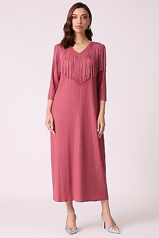 Dull Rose Polyester Fringed Midi Dress by Scarlet Sage