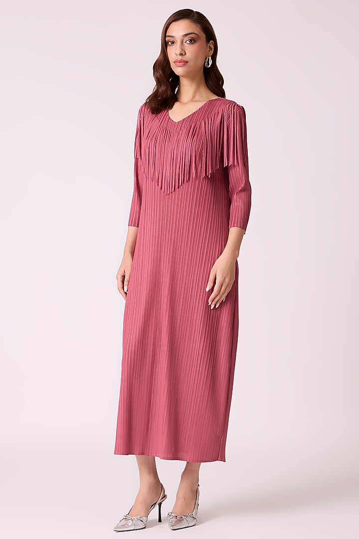 Dull Rose Polyester Fringed Midi Summer Dress by Scarlet Sage at Pernia's Pop Up Shop