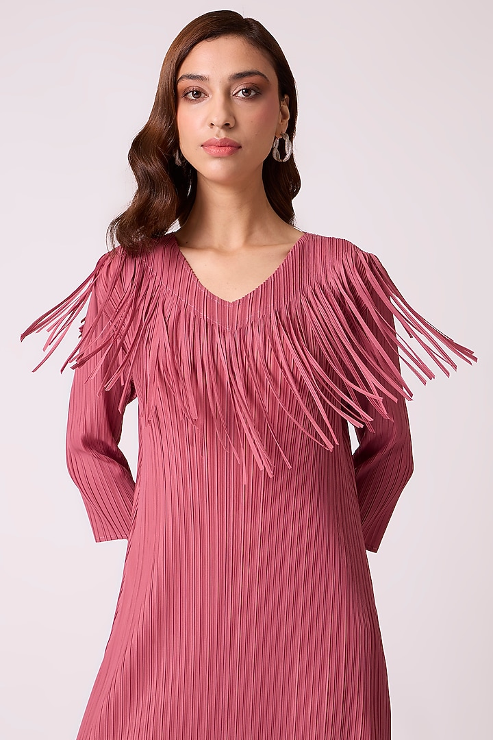 Dull Rose Polyester Fringed Midi Summer Dress by Scarlet Sage at Pernia's Pop Up Shop