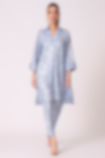 Powder Blue Polyester Textured Foil Printed Tunic Set by Scarlet Sage at Pernia's Pop Up Shop