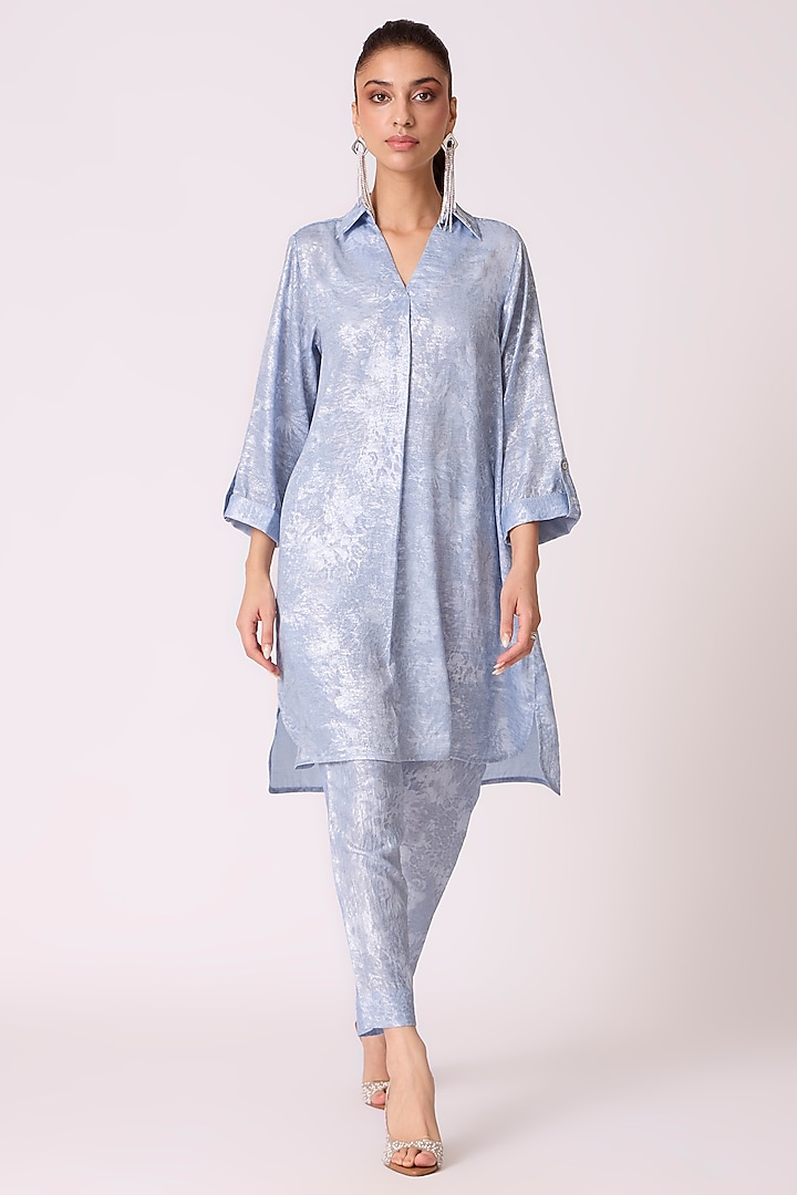 Powder Blue Polyester Textured Foil Printed Tunic Set by Scarlet Sage at Pernia's Pop Up Shop