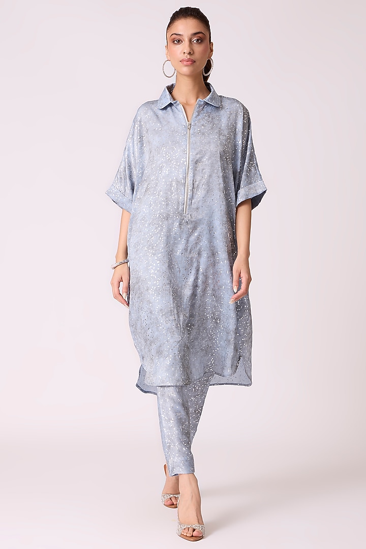 Powder Blue Polyester Textured Printed Shirt Tunic Set by Scarlet Sage at Pernia's Pop Up Shop