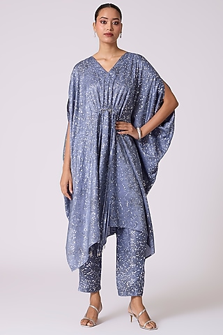 Slate Blue Polyester Textured Kaftan-Style Tunic Set by Scarlet Sage