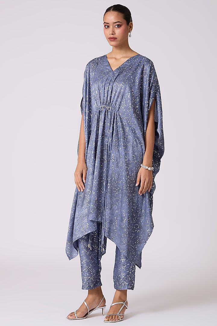 Slate Blue Polyester Textured Kaftan-Style Tunic Set by Scarlet Sage at Pernia's Pop Up Shop