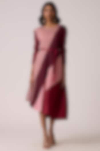 Maroon & Pink Polyester Color-Blocked Asymmetric Midi Vacation Dress by Scarlet Sage at Pernia's Pop Up Shop