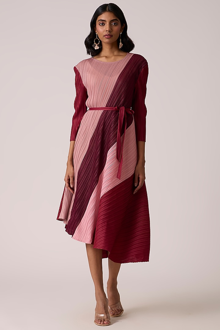 Maroon & Pink Polyester Color-Blocked Asymmetric Midi Vacation Dress by Scarlet Sage at Pernia's Pop Up Shop