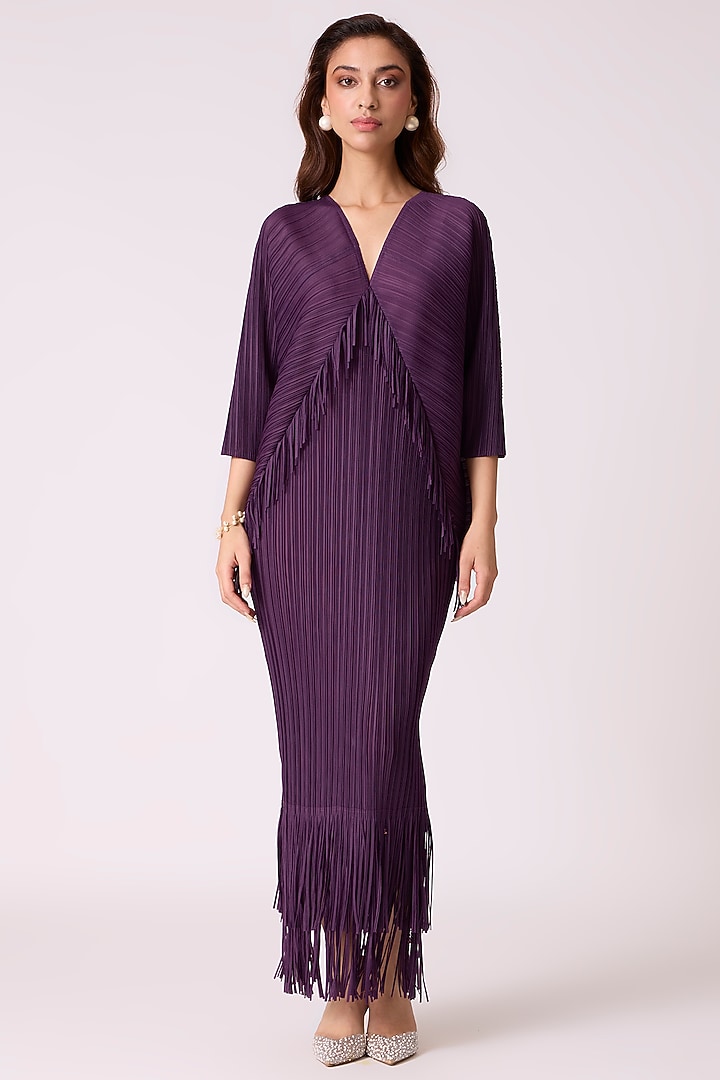 Wine Purple Poly Satin Blend Pleated Midi Summer Dress by Scarlet Sage at Pernia's Pop Up Shop