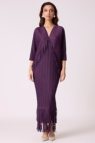 Wine Purple Poly Satin Blend Pleated Midi Dress by Scarlet Sage