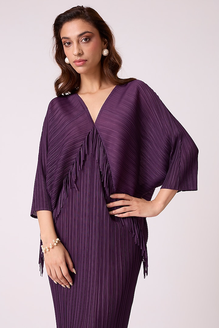 Wine Purple Poly Satin Blend Pleated Midi Summer Dress by Scarlet Sage at Pernia's Pop Up Shop