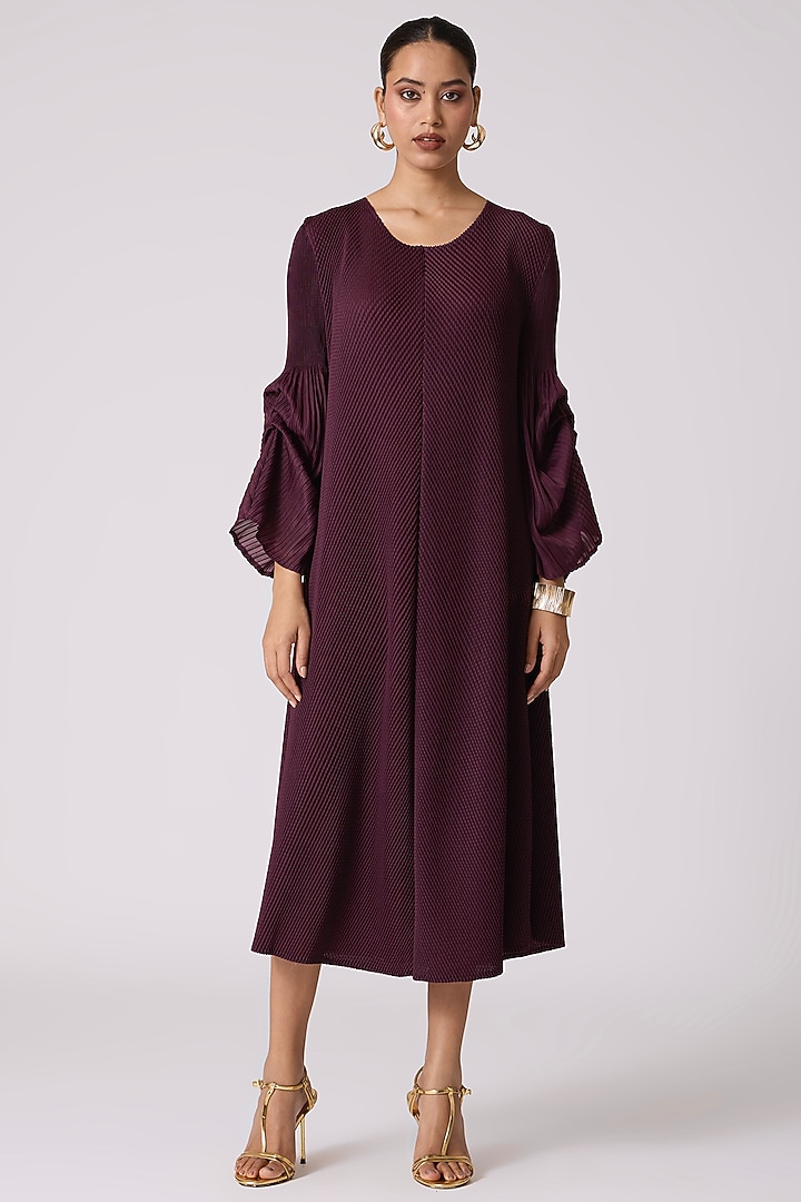 Wine Purple Polyester Pleated Midi Summer Dress by Scarlet Sage at Pernia's Pop Up Shop