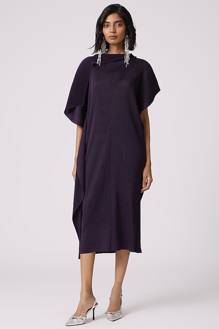 Aubergine Polyester Draped Midi Summer Dress by Scarlet Sage at Pernia's Pop Up Shop