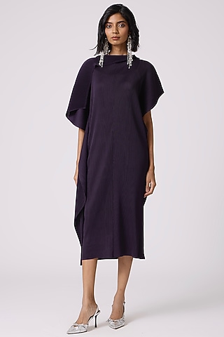 Aubergine Polyester Draped Midi Dress by Scarlet Sage