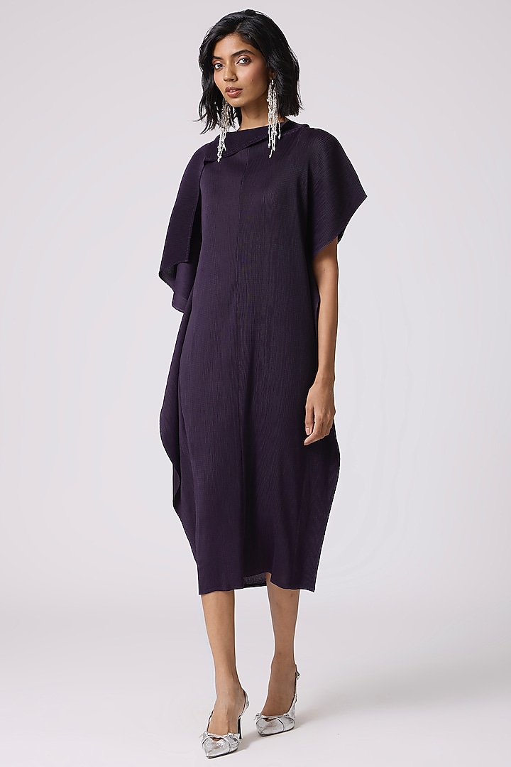 Aubergine Polyester Draped Midi Summer Dress by Scarlet Sage at Pernia's Pop Up Shop